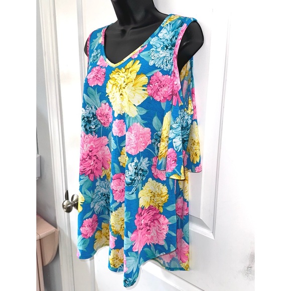 Cold Shoulder blue/yellow/pink floral print top - Picture 3 of 4